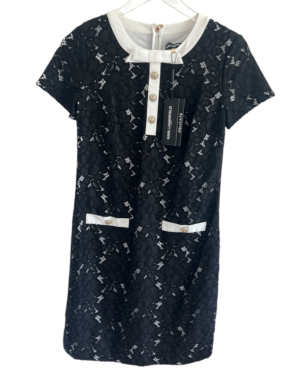 Karl Lagerfeld Black Lace Mini Dress with White Trim